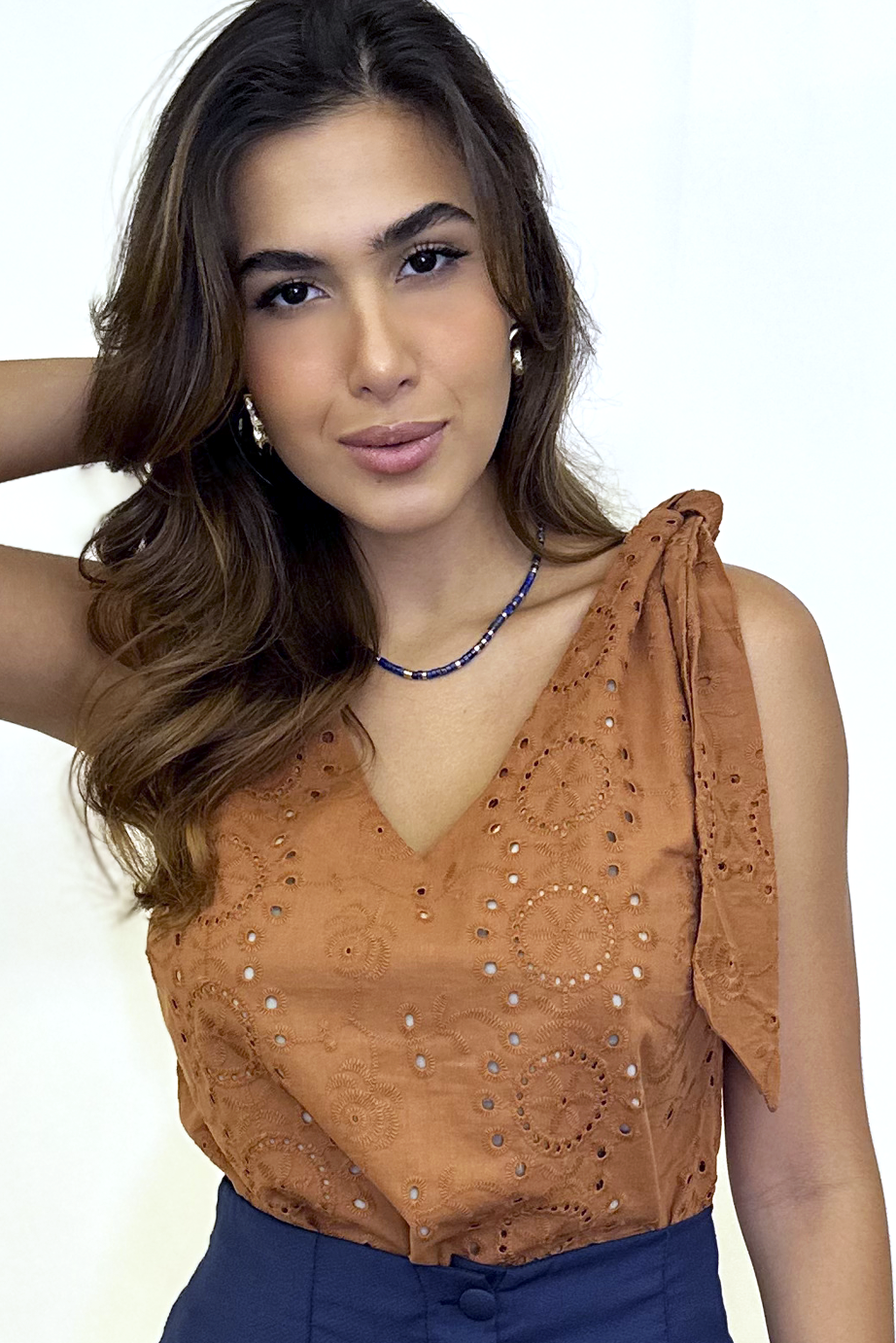 Blusa alça amarração laise terracota