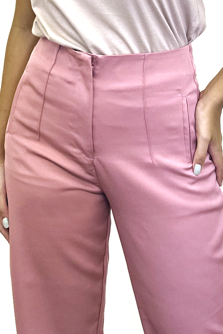Calça reta cintura alta com nervuras rosa