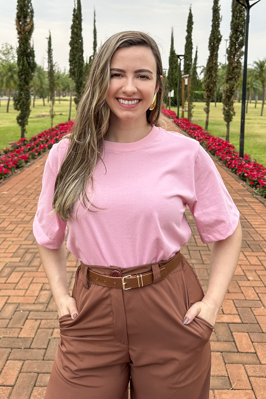 Camiseta malha algodão rosa claro