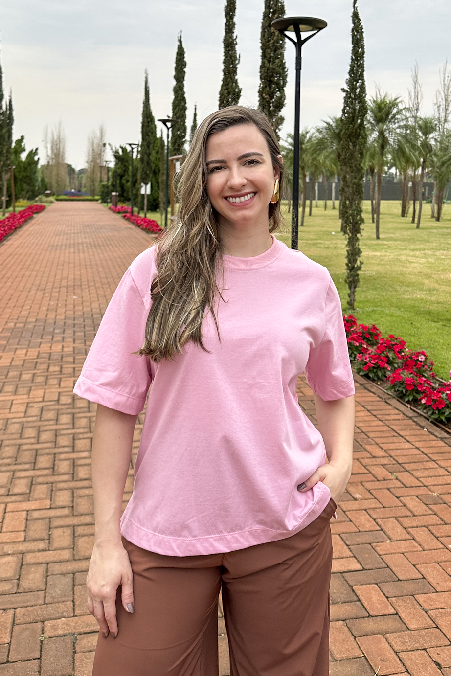 Camiseta malha algodão rosa claro