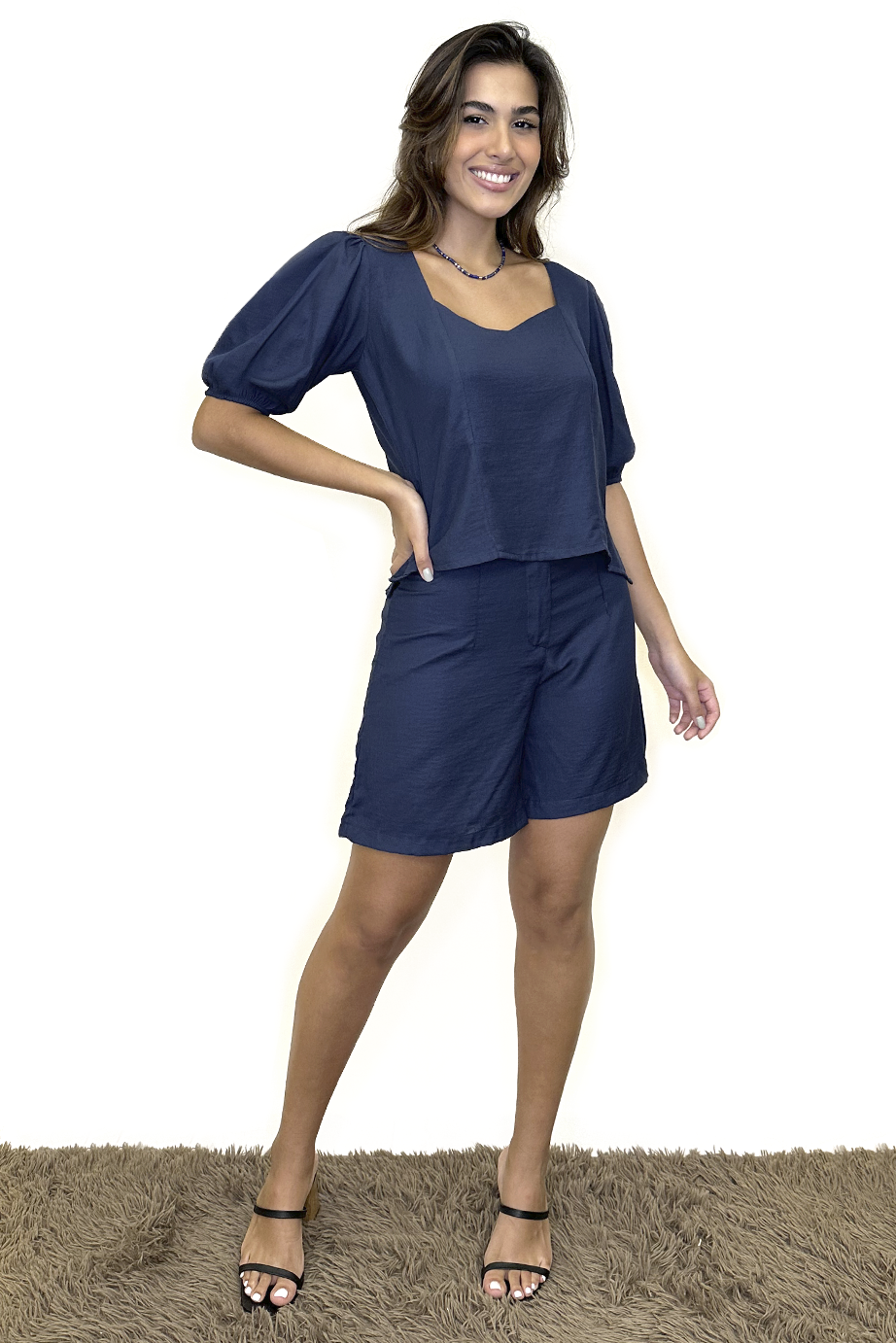 Conjunto verão blusa + shorts azul marinho