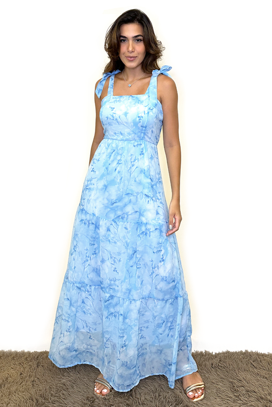 Vestido longo floral azul
