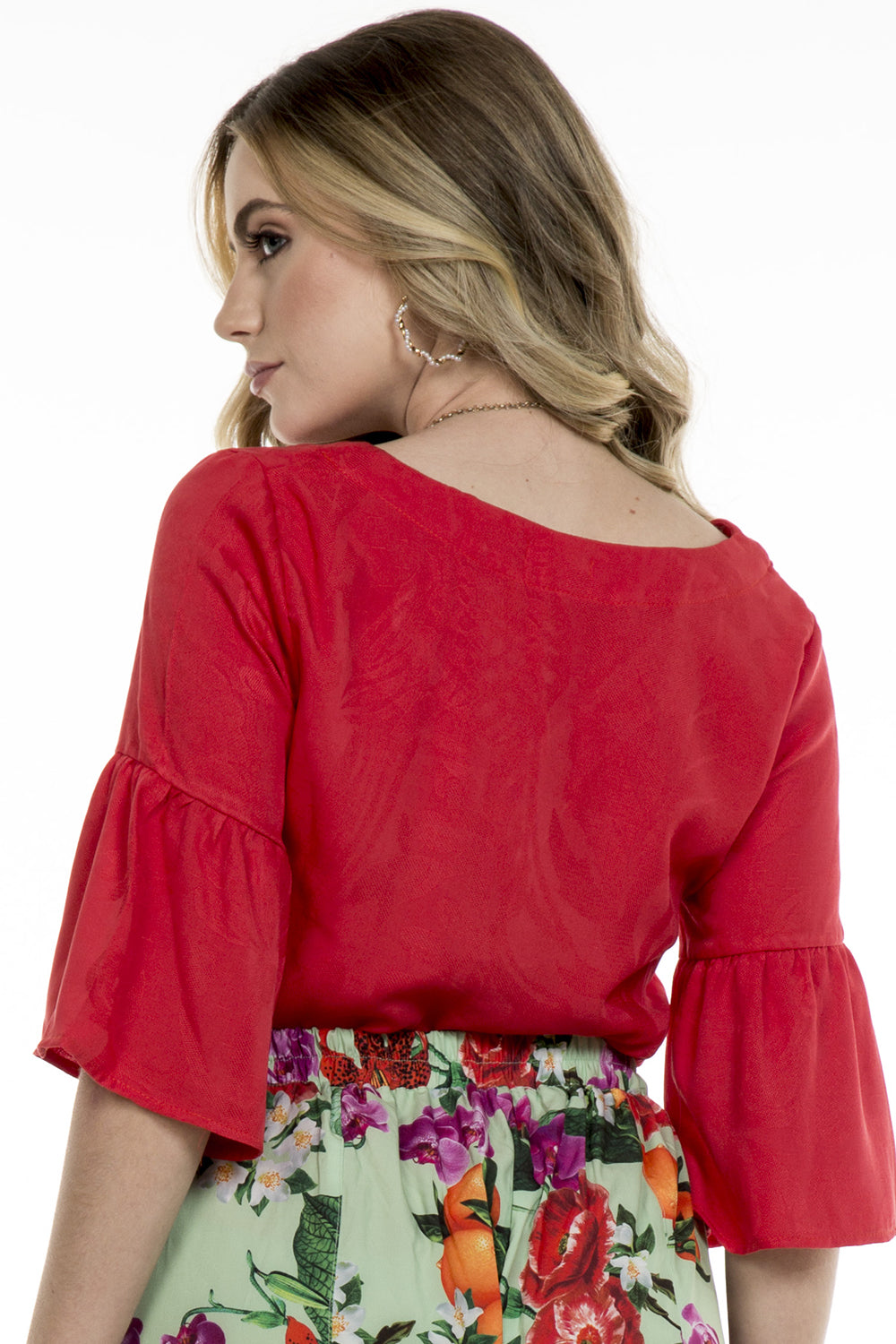 Blusa Manga Babados Viscose Jacquard Vermelha