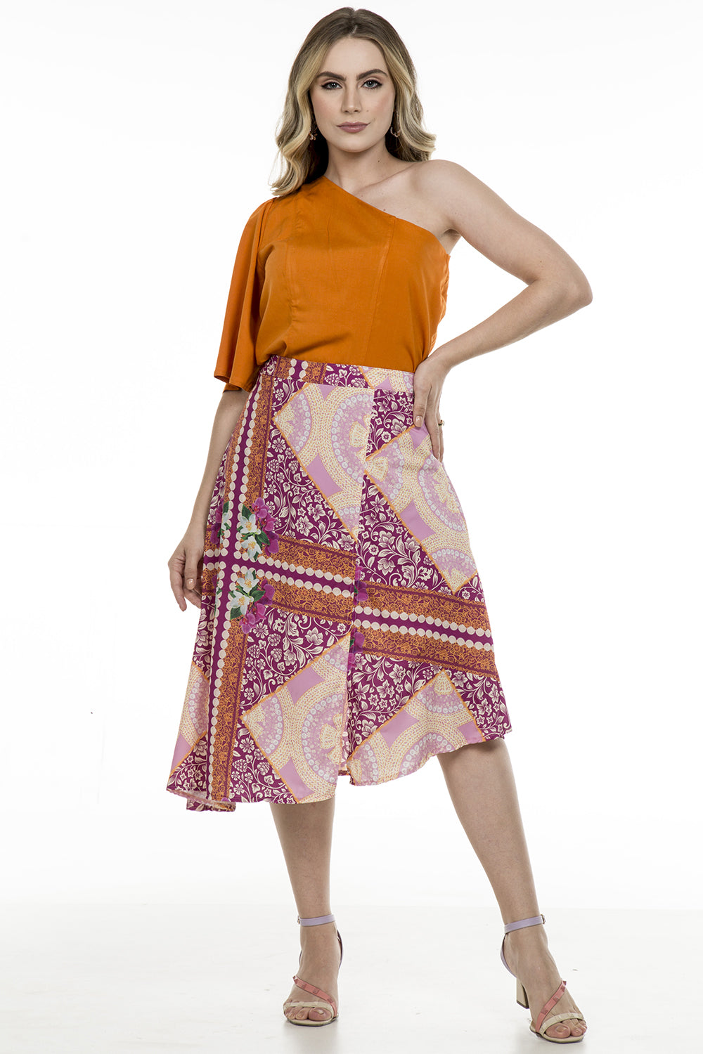 Saia midi estampada pink