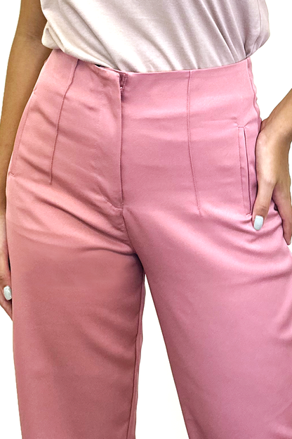 Calça reta cintura alta com nervuras rosa