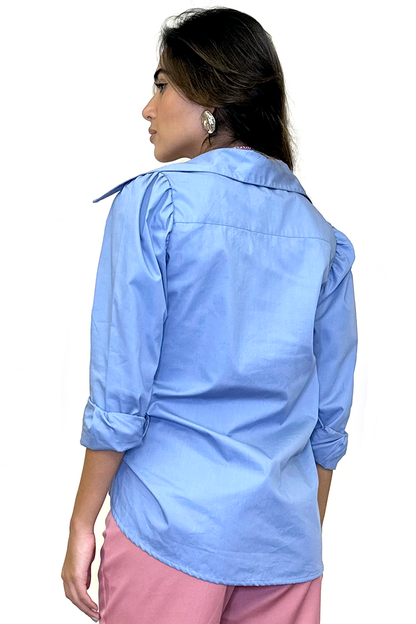 Camisa oversized manga longa tricoline azul
