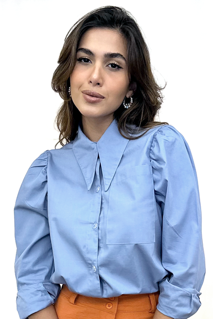 Camisa oversized manga longa tricoline azul