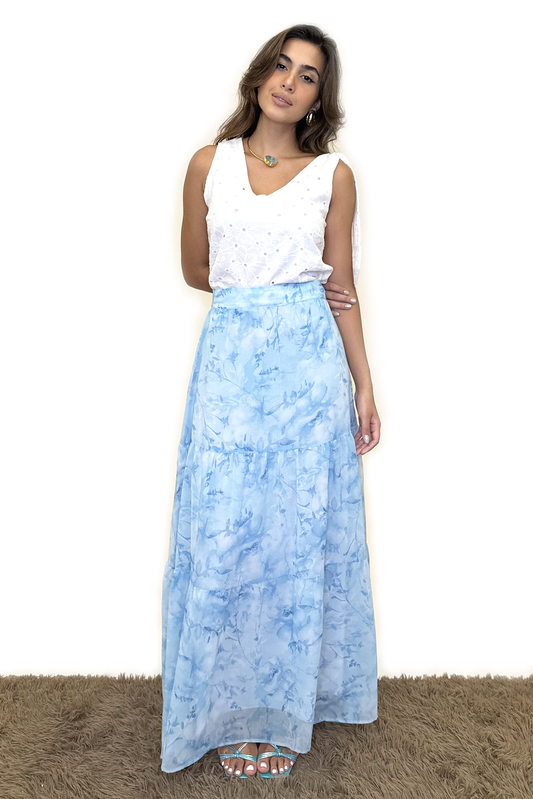 Saia longa floral azul
