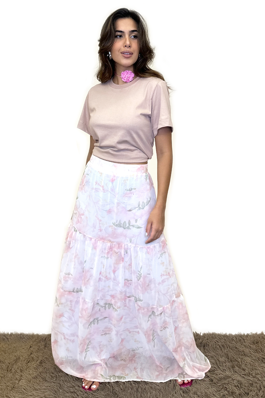 Saia longa floral rosa