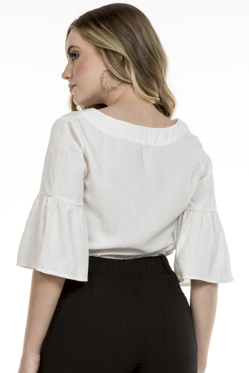 Blusa Manga Babados Viscose Jacquard Off White