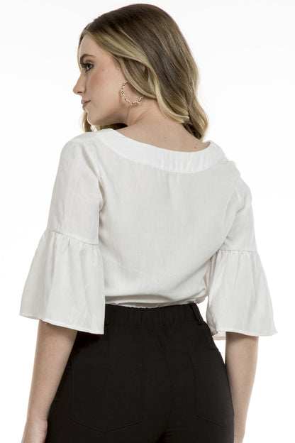 Blusa Manga Babados Viscose Jacquard Off White