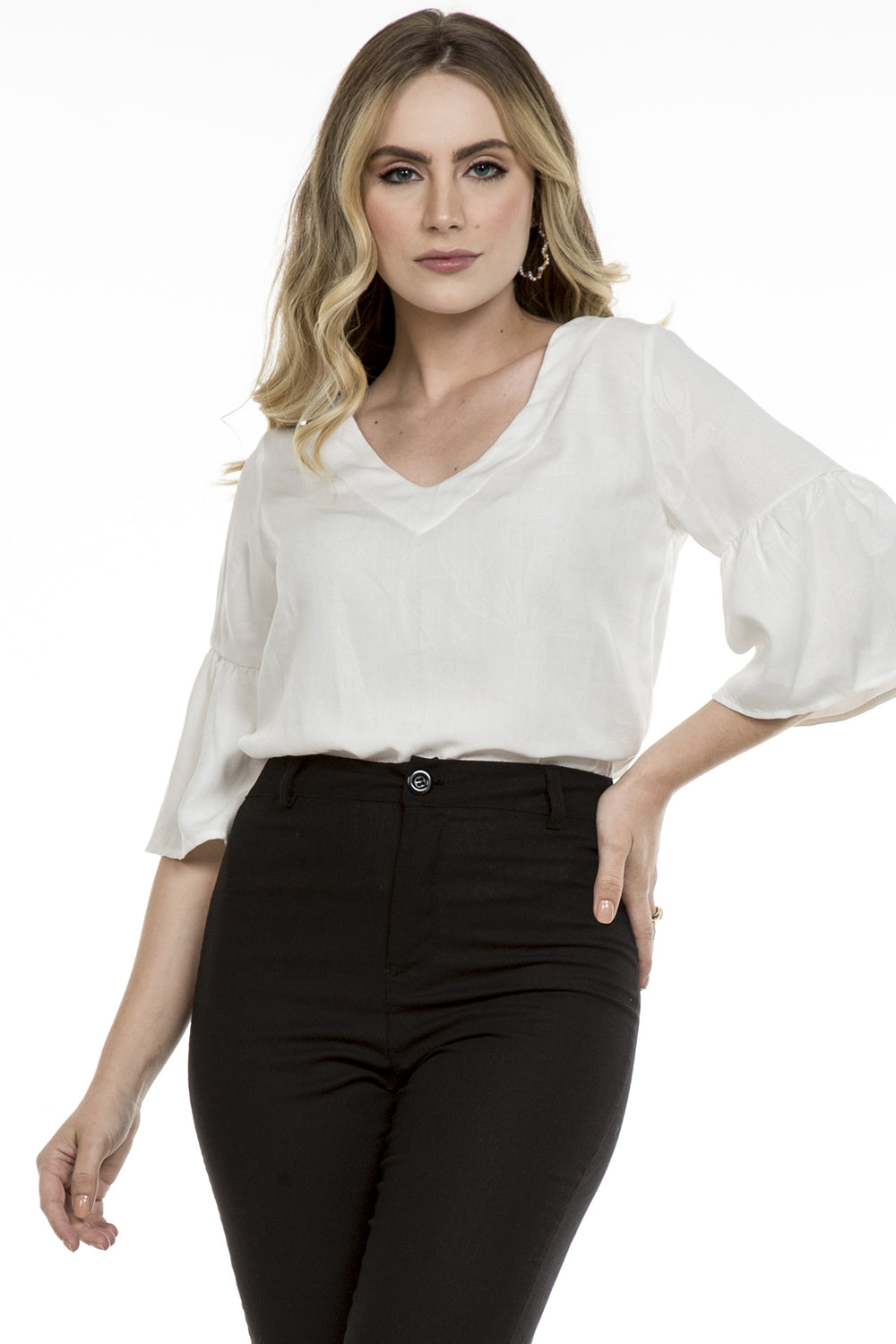 Blusa Manga Babados Viscose Jacquard Off White