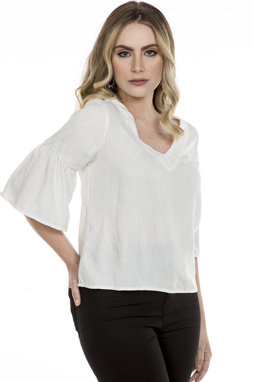 Blusa Manga Babados Viscose Jacquard Off White