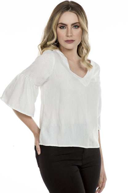 Blusa Manga Babados Viscose Jacquard Off White