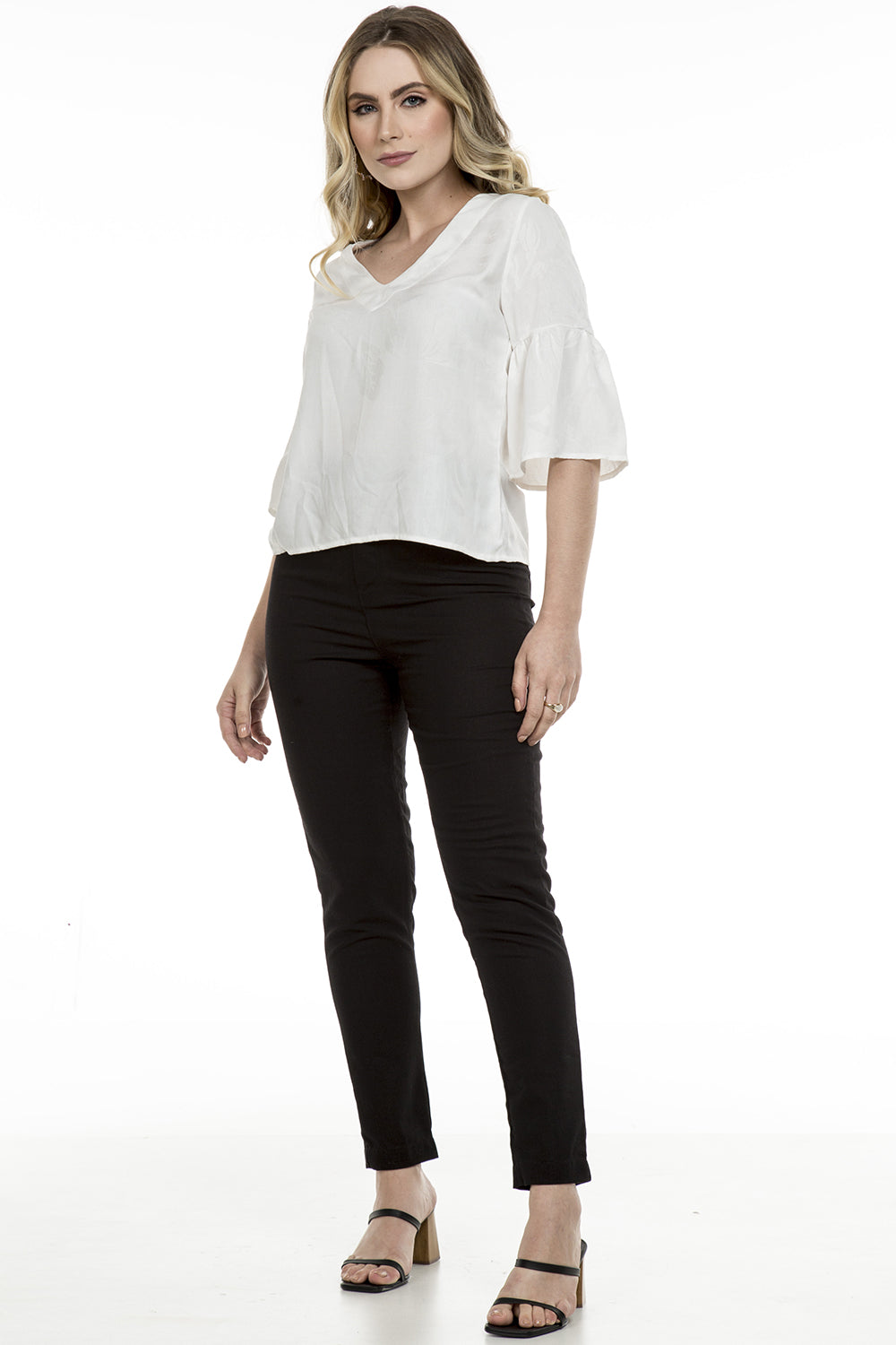 Blusa Manga Babados Viscose Jacquard Off White