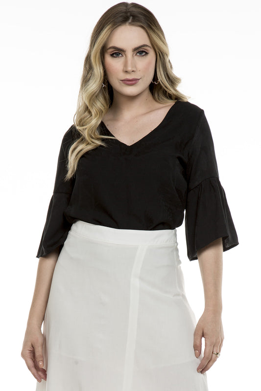 Blusa Manga Babados Viscose Jacquard Preta